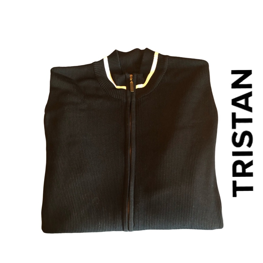 Tristan & America Zippered‎ Front Contemporary Sweater, Black/White Size S